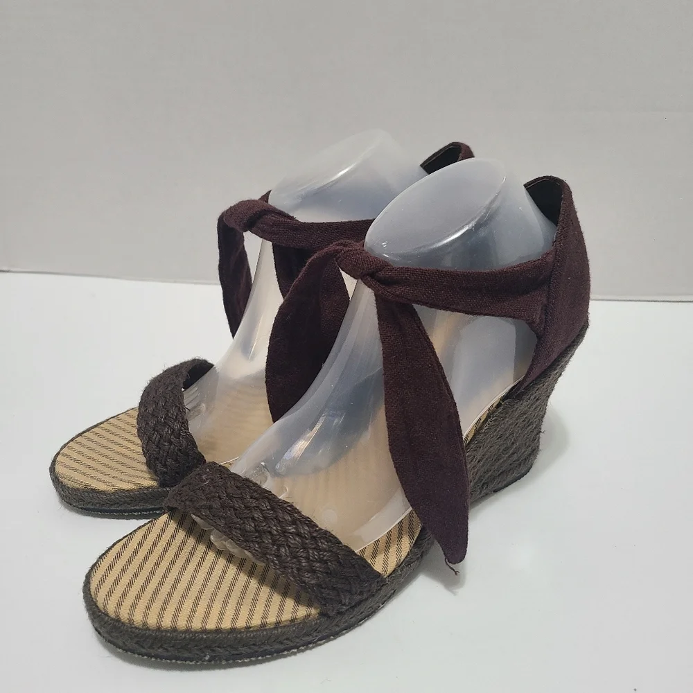 Tommy Hilfiger Open Toe Ankle Tie Wrap Brown  Wedge‎ Sandal Womens Size 11